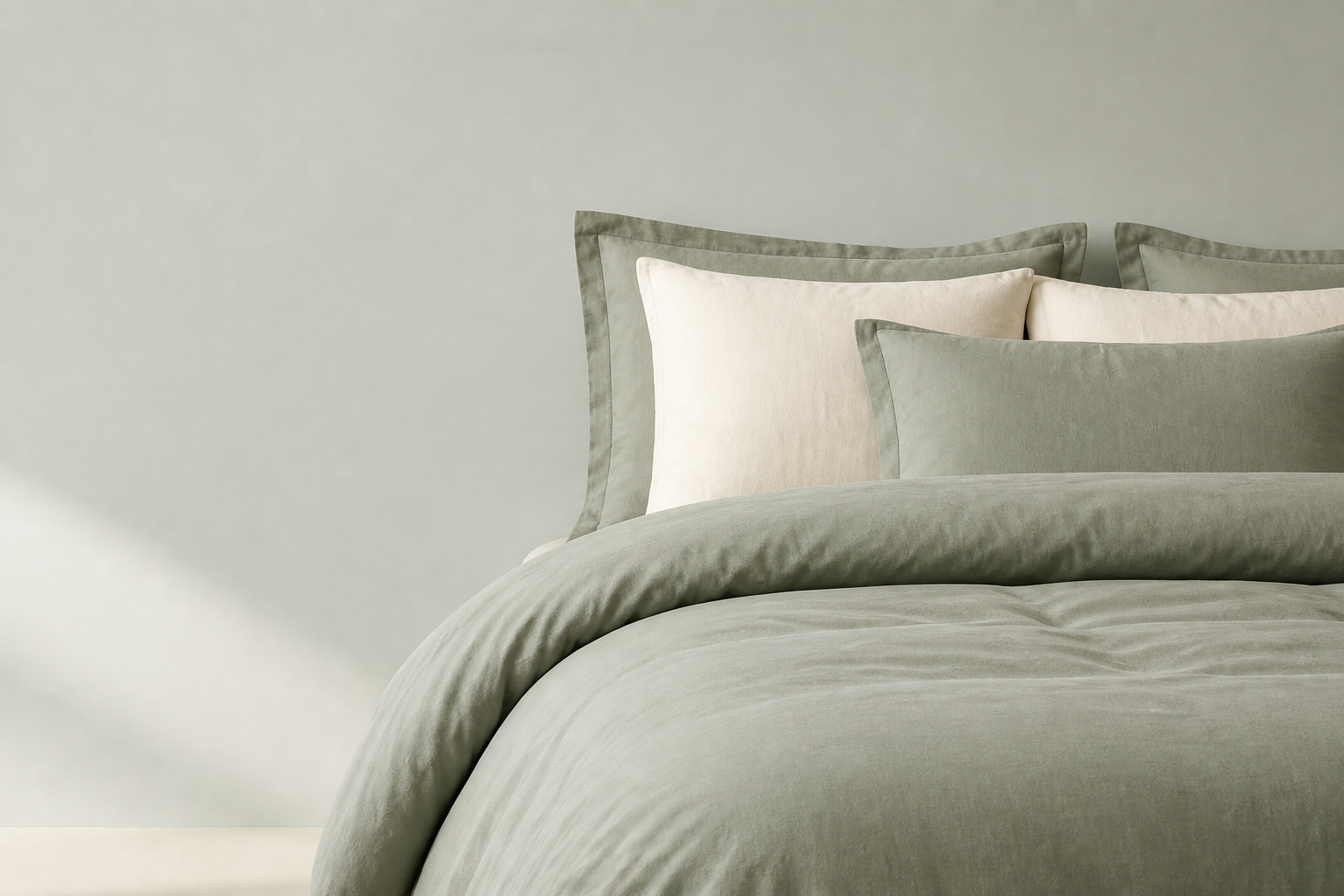 A coordinated sage green organic cotton bedding set